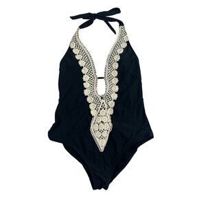 Kona Sol Black Crochet Lace One Piece Swimsuit Halter Plunge Cutout Medium